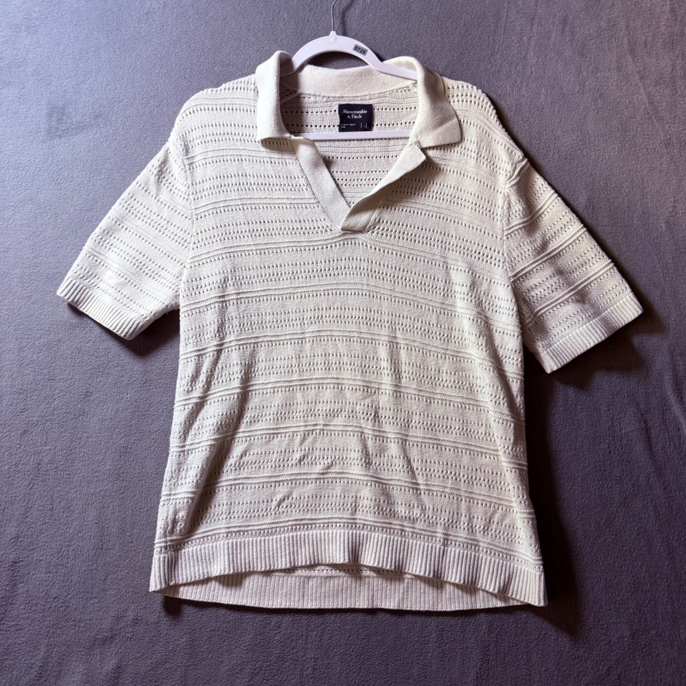 Abercrombie & Fitch Mens Cream Textured Pointelle Knit Short Sleeve Sweater Polo